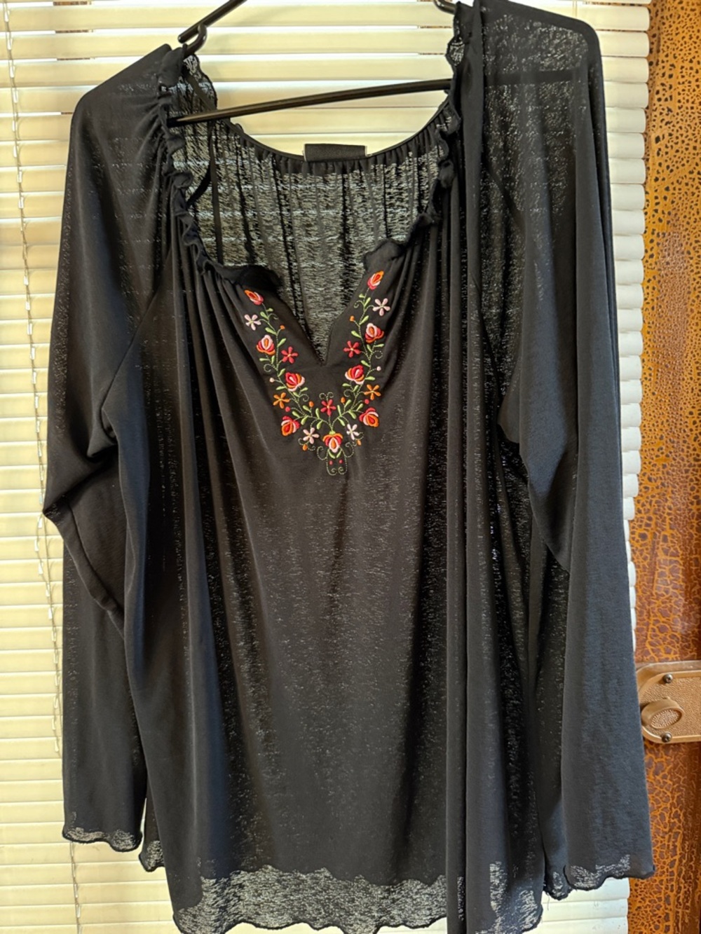 Fashion Bug Black Long-Sleeve Top with Floral Embroidered V-Neck